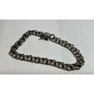 Vintage Elco Sterling Silver Charm Bracelet With Safety Chain 7".  Dbl Link.